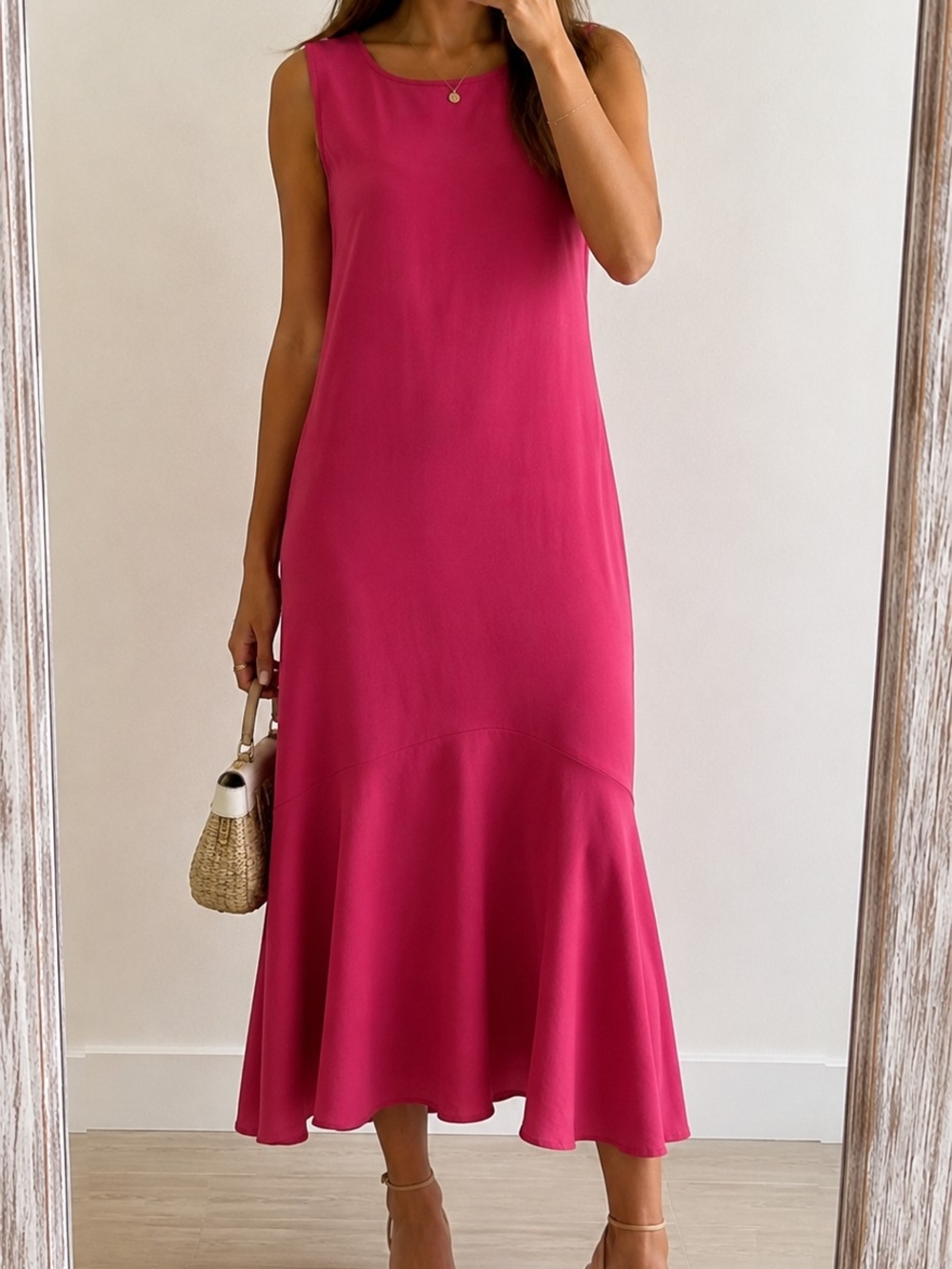 Linen Blend Fuchsia Midi Summer Dress Size L NWOT